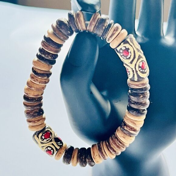 Handmade Beaded Stretch Bracelet Wood And African Trade Beads 8" Man Woman New - Picture 2 of 4